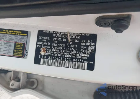 2012 Hyundai Santa Fe Gls z USA, uszkodzony, nr VIN 5XYZGDAB1CG104764